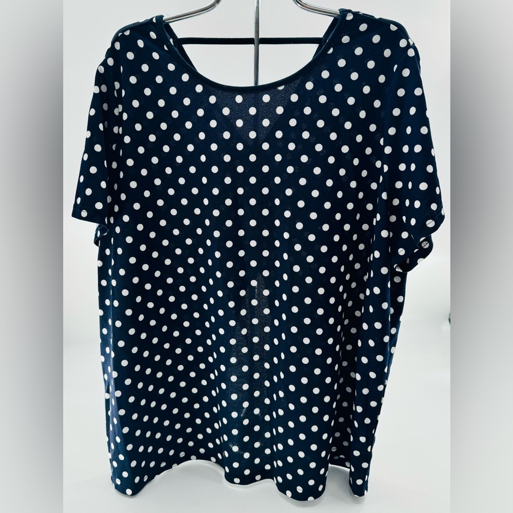 Emery Rose Blouse Pullover Top Plus Size 4XL Stretch Open Back Navy Polka Dots
